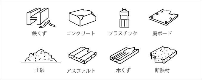 廃材別コンテナは、鉄くず・コンクリート・プラスチック・廃ボード・土砂・アスファルト・木くず・断熱材の8つ。